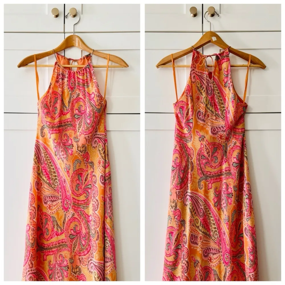VTG Ann Taylor Silk Pink & Orange Paisley Print Slip Dress, Midi Length sz. 8P - Image 2
