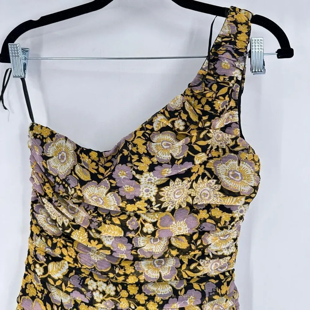 NWT Zara One Shoulder Floral Ruched Metallic Mini Dress BodyCon Small Party Club - Image 4