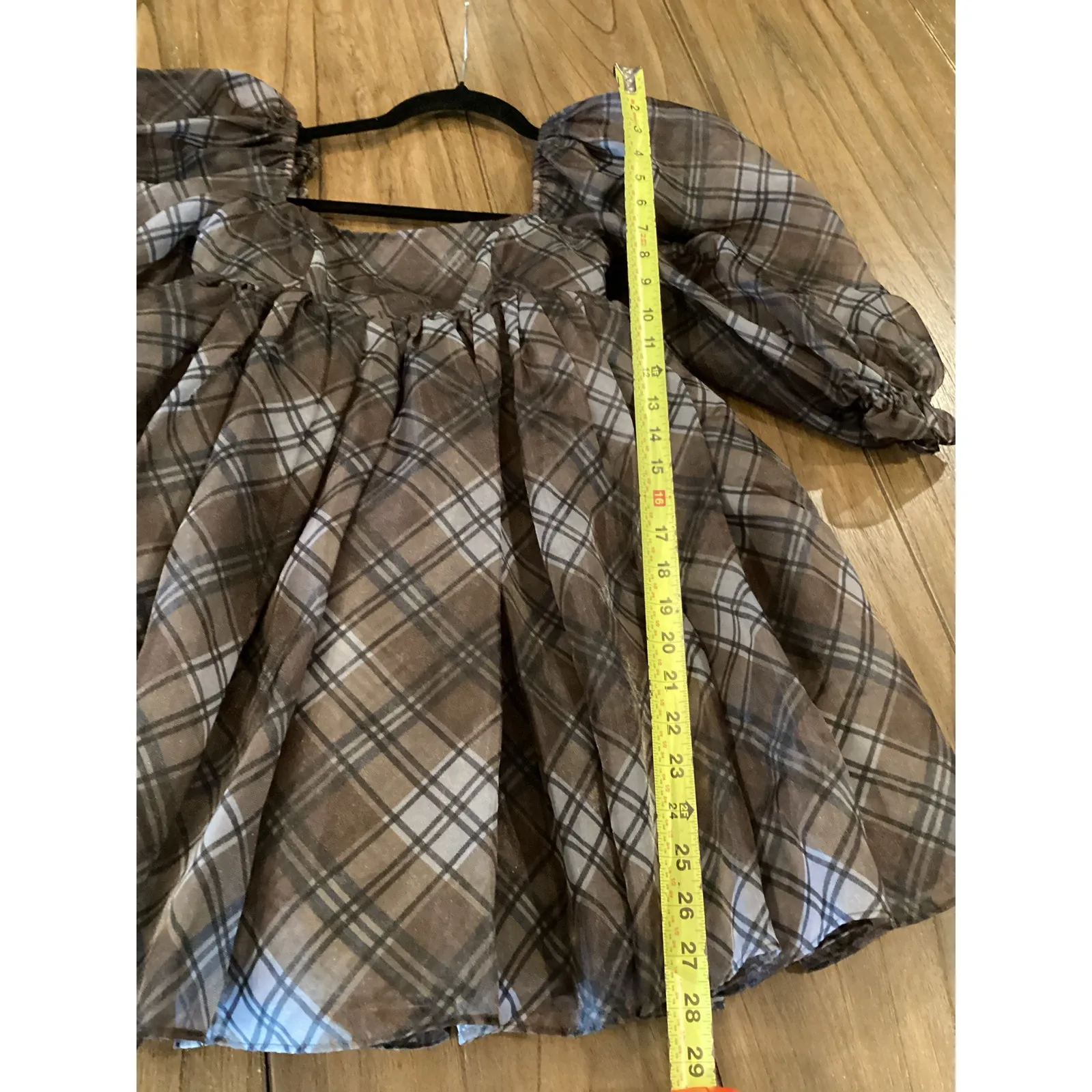Selkie The Plaid Puff Organza Dress size XXS Brown - Image 6
