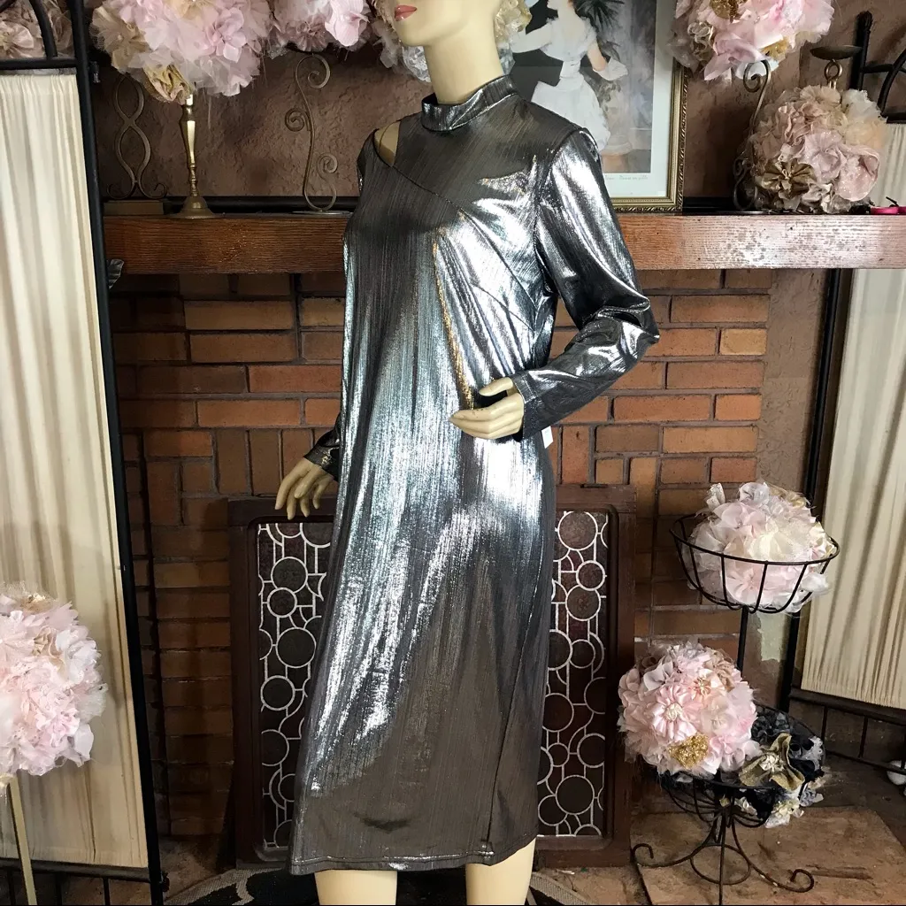 ELOQUII DARK SILVER CUT-OUT SHOULDER MOCK NECK NIGHT OUT SHIFT DRESS NWT (14) - Image 4