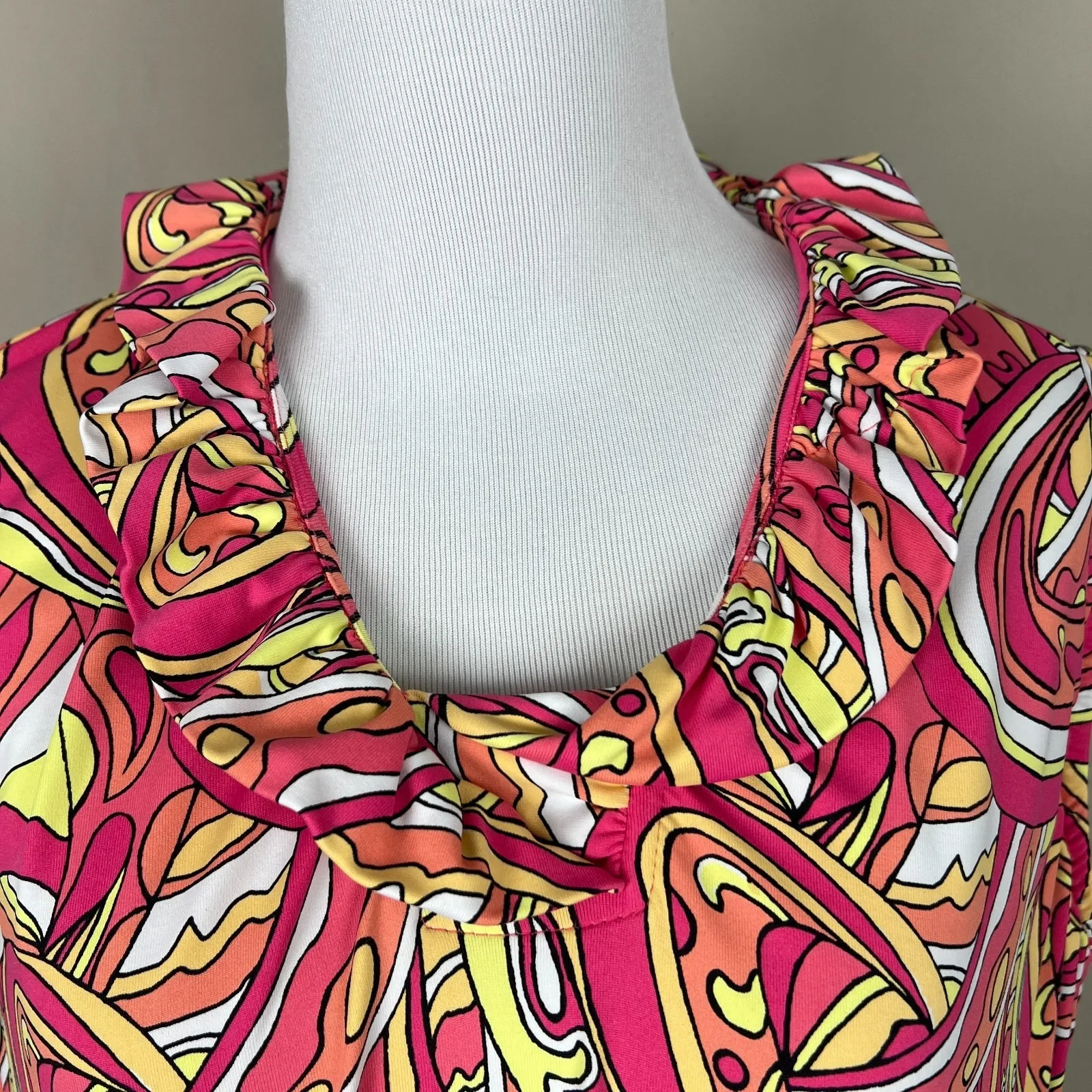 Lulu B‎ Dress Womens XL Pink Colorful Psychedelic Ruffle Neck UPF50 Beach Travel - Image 4