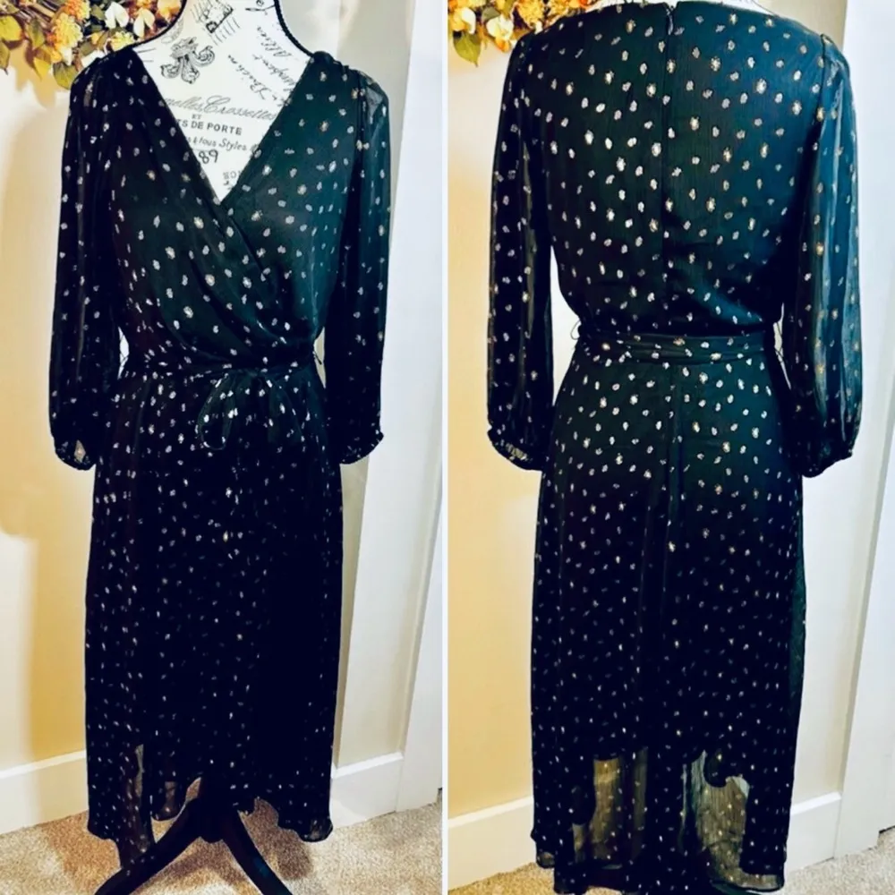 DKNY Balloon Sleeve Faux Wrap Metallic Gold Polkadot Belted Midi Dress Sz 6 - Image 3