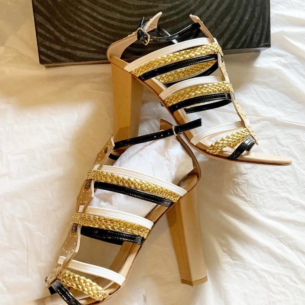 Just Cavalli women's 39 EU gold braided strappy buckle chunky heel sandals - Image 3