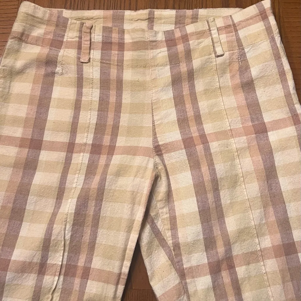 Free People The Way You Move‎ Flare Natural Plaid Linen Pants Vented Hem Size 4 - Image 6