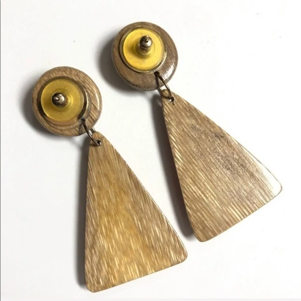 Vintage Wood Boho Triangle Long Dangle Earrings Tan - Image 3