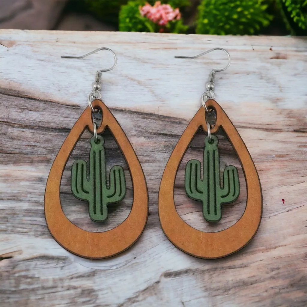 Western ethnic style cactus hollow water drop dangle wooden‎ earrings Tan - Image 5