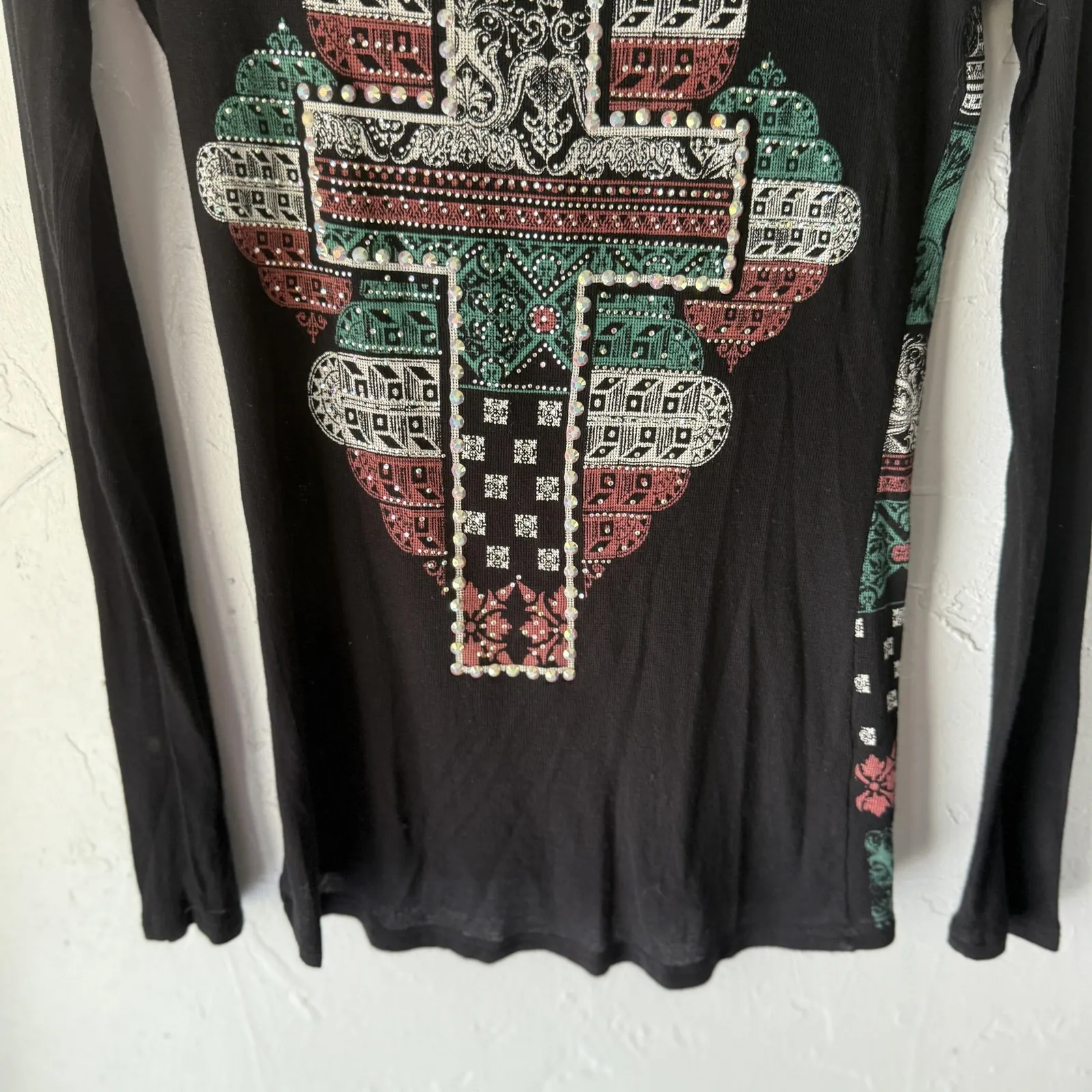 Be Vocal Shirt Womens Small Long Sleeve Cross Pattern‎ Pearl Stud Western Grunge Black - Image 3