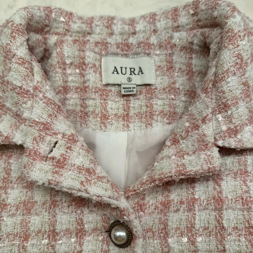 Aura Tweed Pink Plaid Pearl Cropped Blazer Womens Sz S Prep Career Elle Woods - Image 4