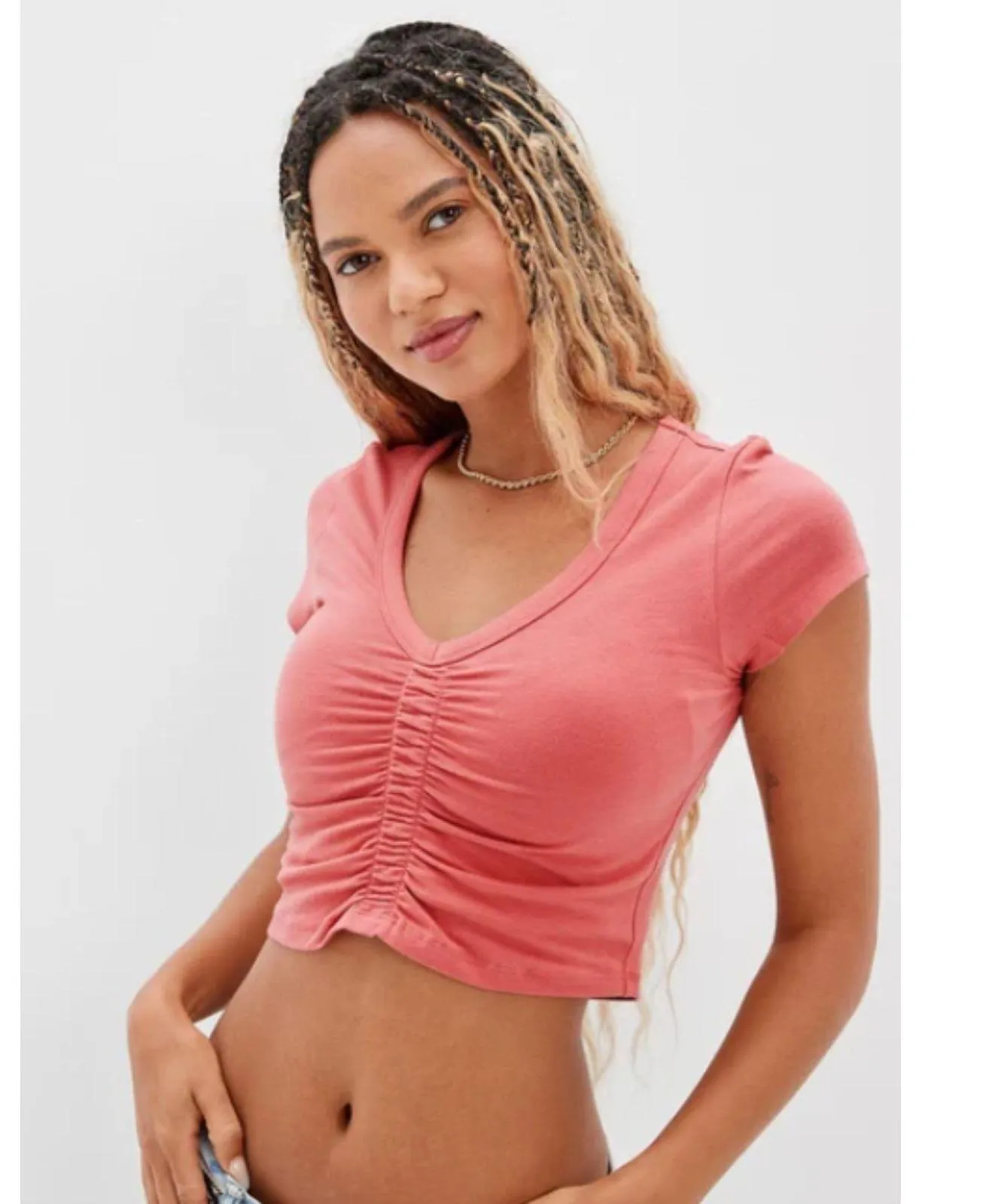 NWT American Eagle Green Cropped Ruched Short Sleeve V Neck Cotton Blend Top L - Image 6