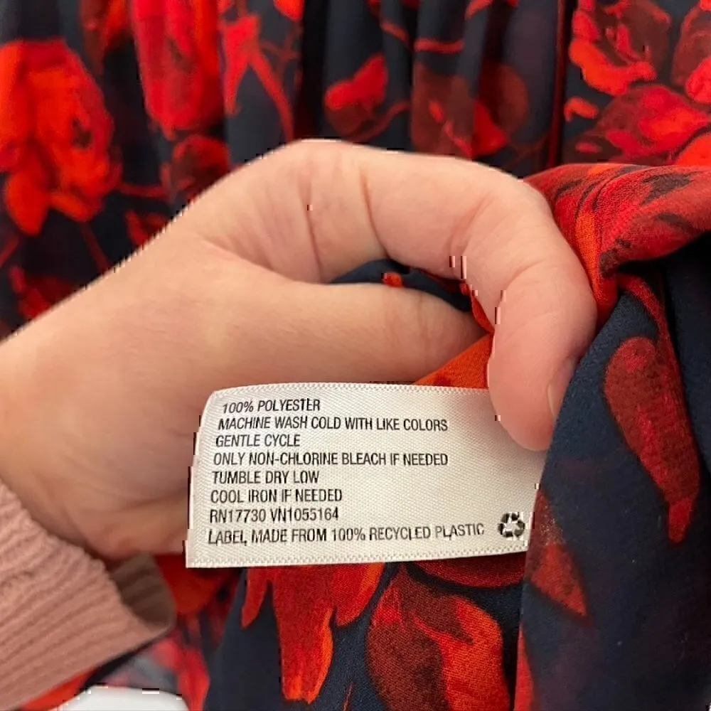 A NEW DAY Tiered Floral Blouse Navy Blue Red 3/4 Bell Sleeve Sheer / Lined Boho - Image 10