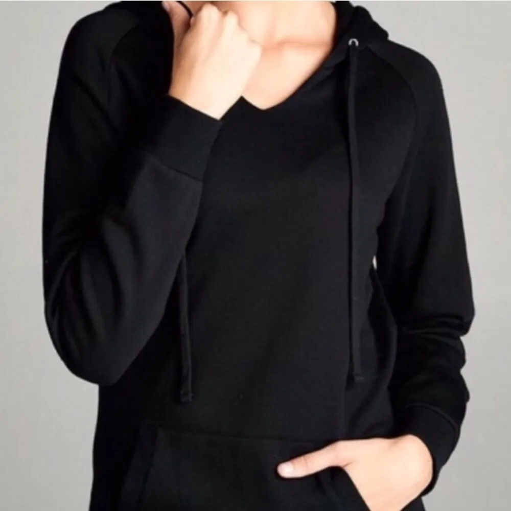 Black Pullover Hooded Sweatshirt Fleece Lined Hood Black - Image 4