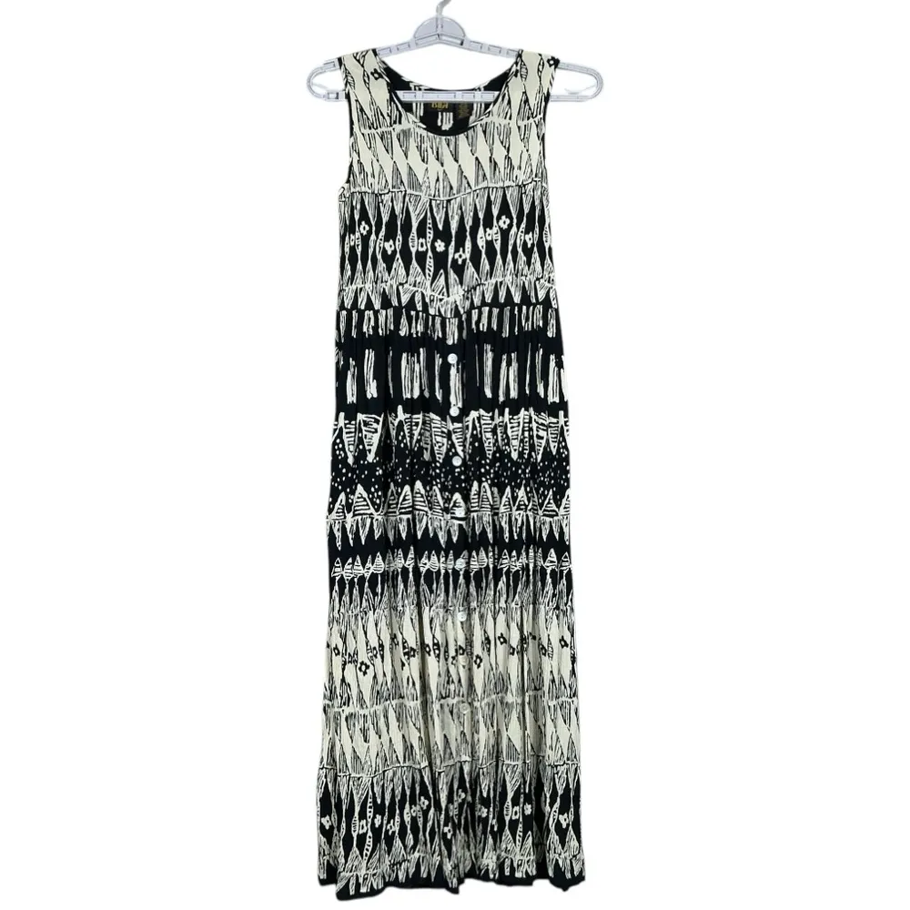 BILA Boho Maxi Dress Gauzy Crinkle Sleeveless Pockets Black Cream Batik Print SM - Image 9
