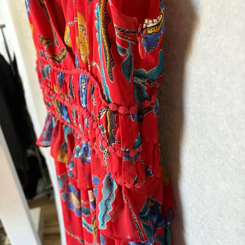 Rebecca Minkoff Red Floral Knee Length Ruffles  V-Neck size 2 Flirty Classic - Image 5