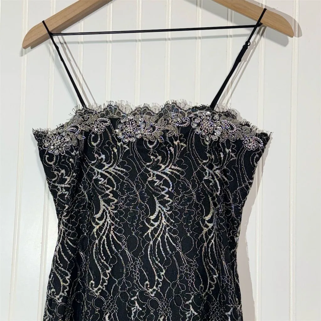 Poleci Black Metallic Lace Beaded Slip Dress Size 4 Cocktail Y2K Coquette Glam - Image 2