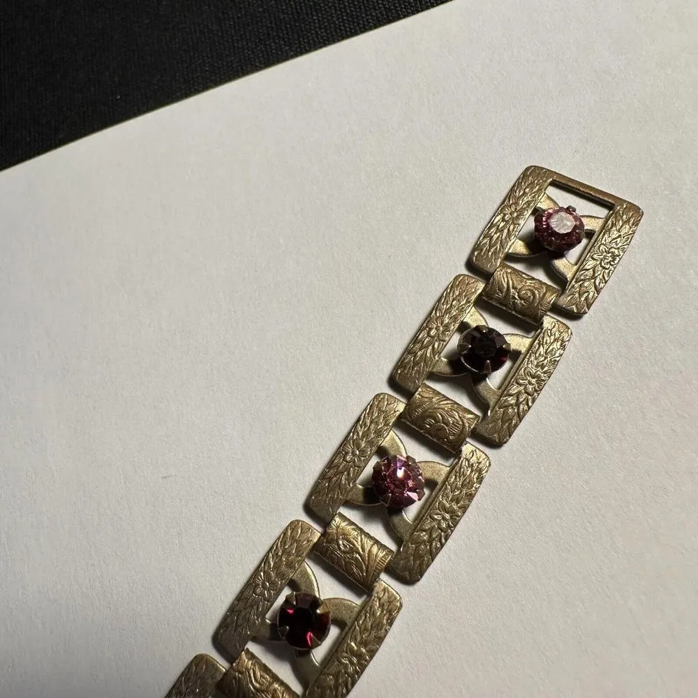 Women’s Bronze Gold Tone Red & Pink Rhinestone Tennis Bracelet 7 Inch - Image 9