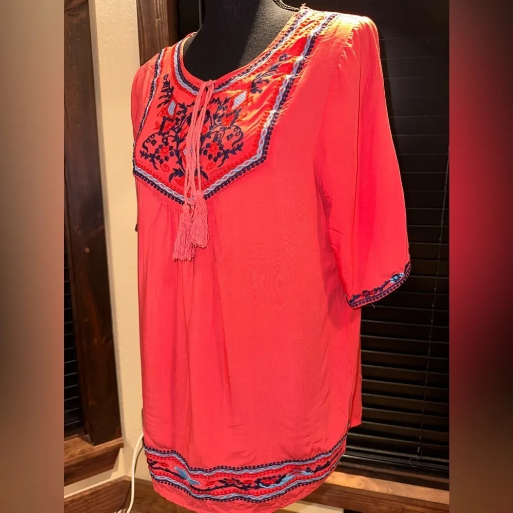 Universal Fashion Embroidered Tassel Peasant Shirt Coral Size S Red - Image 2