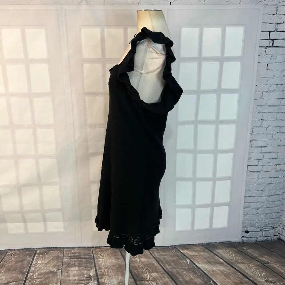 Anthropologie Pointelle Ruffled Butterfly Sleeve Black Knit Mini Crochet Dress L - Image 8