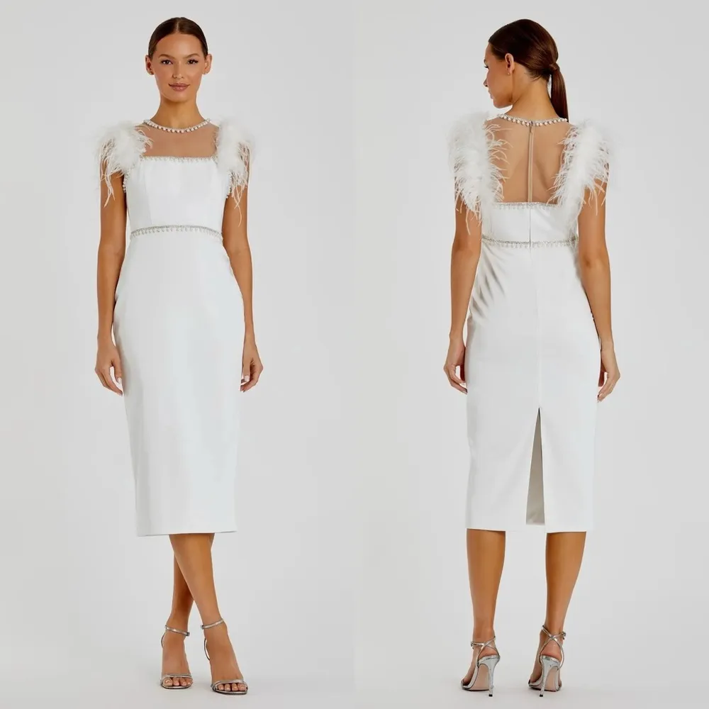 Mac Duggal 11438 Feather Cap Sleeve Pearl Embellished Tea-length Dress Sz 10 NWT - Image 2