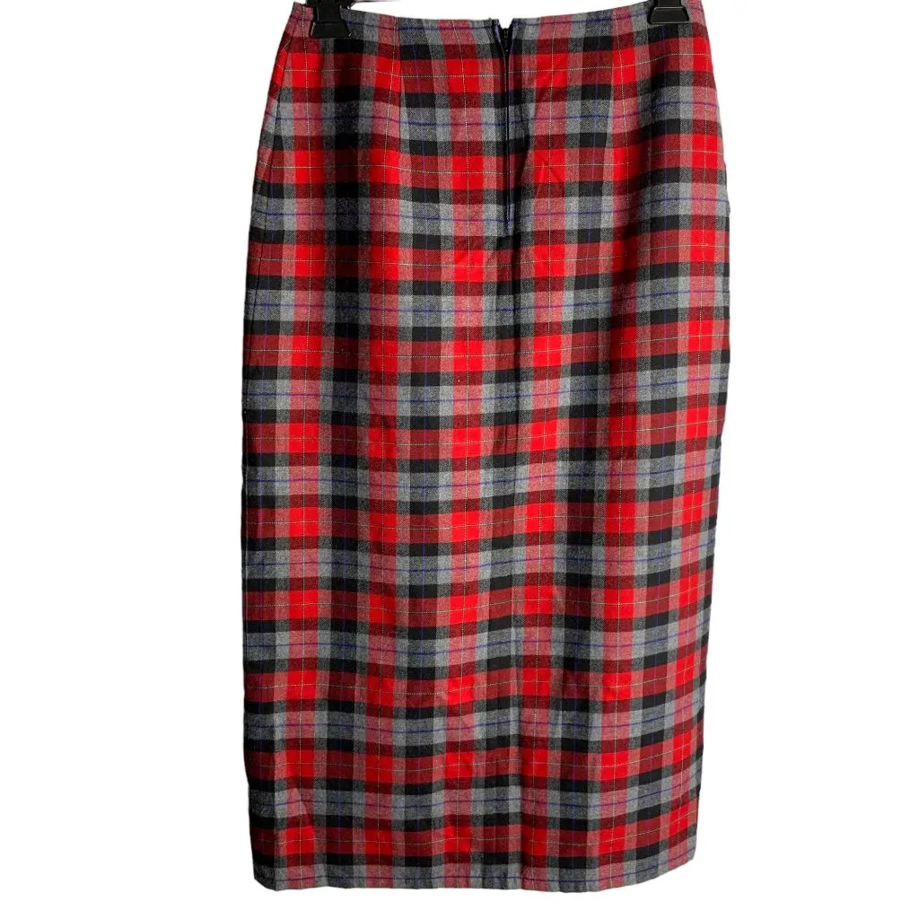 Vintage Crazy Horse Wrap Maxi Skirt 12 Red Grey Plaid Lined Zipper Button - Image 4