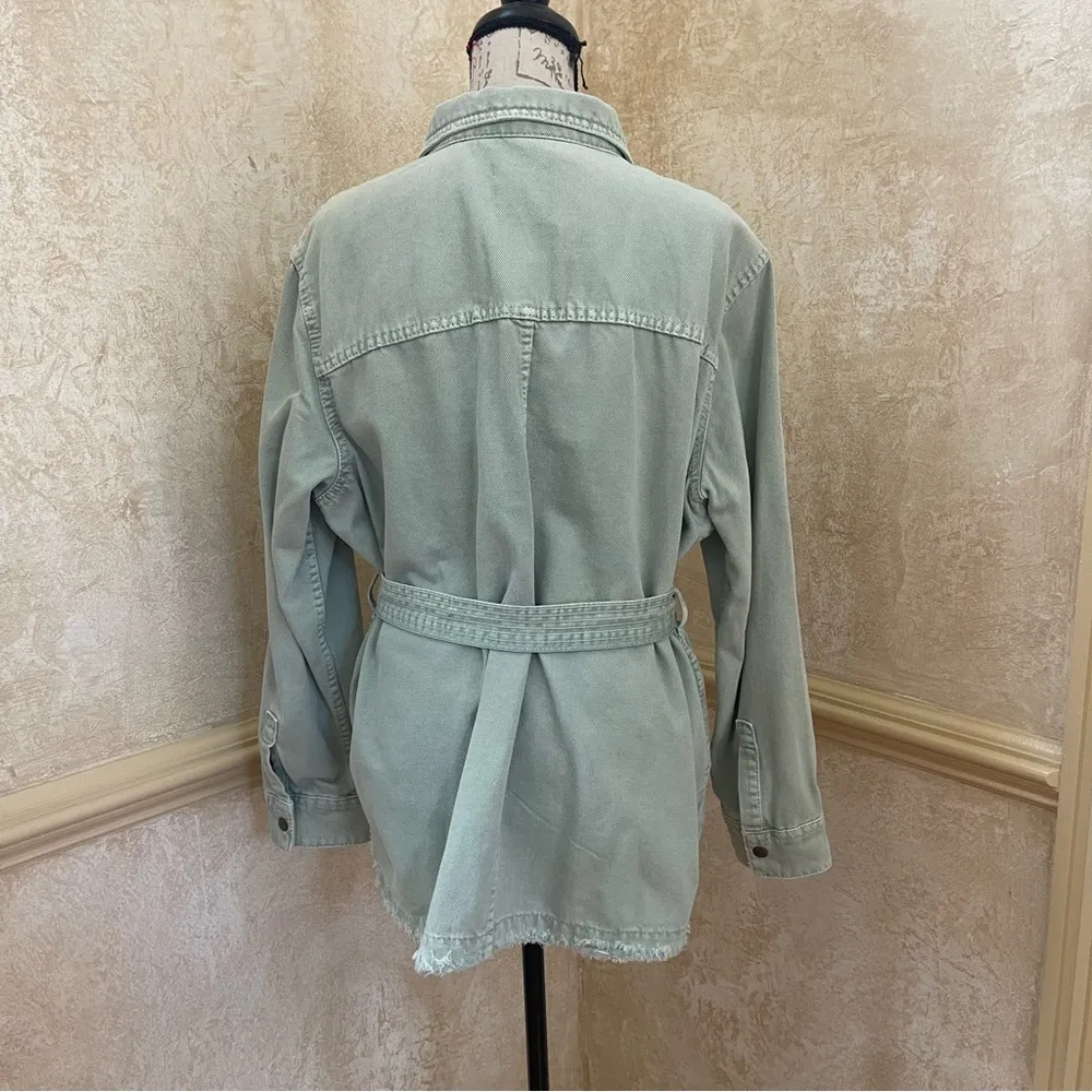 Zara denim belted cotton jean jacket sage green Sz XL - Image 9