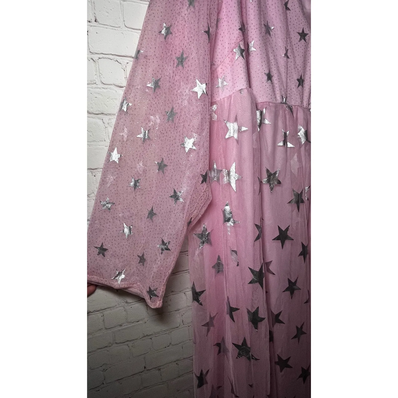X Plus Wear Pink Silver Star Tulle Mesh Maxi Dress Long Sleeve V Neck Plus SZ 4X - Image 3