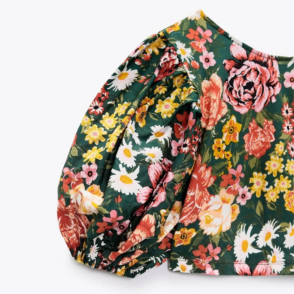 NWT ZARA  100% COTTON Floral Print Cropped Puff Sleeves Top - Image 4