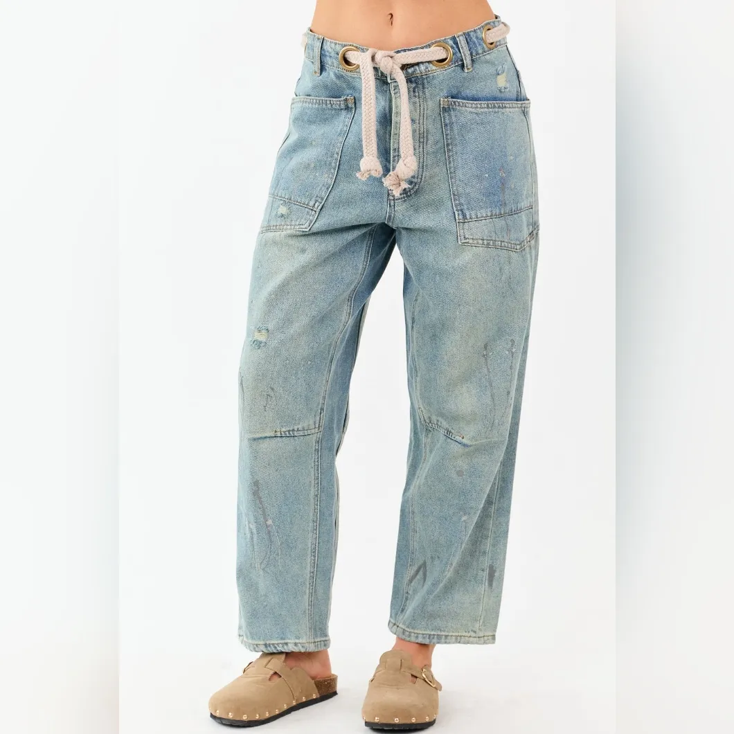 BiBi Vintage Wash Paint Splatter Wide Leg Denim Pants Size 30 L Relaxed Fit Blue - Image 2