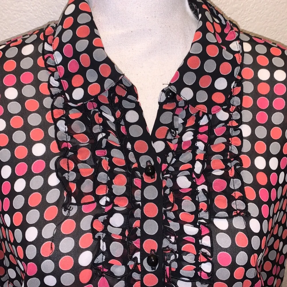 East 5th  black polka dot ruffle front button down blouse - Image 3