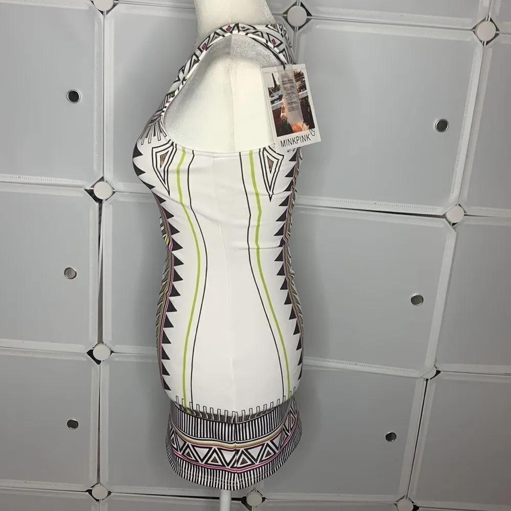 MINKPINK Techno Tribe Bodycon White Metallic Tribal Print Zipper Back Dress XS - Image 4