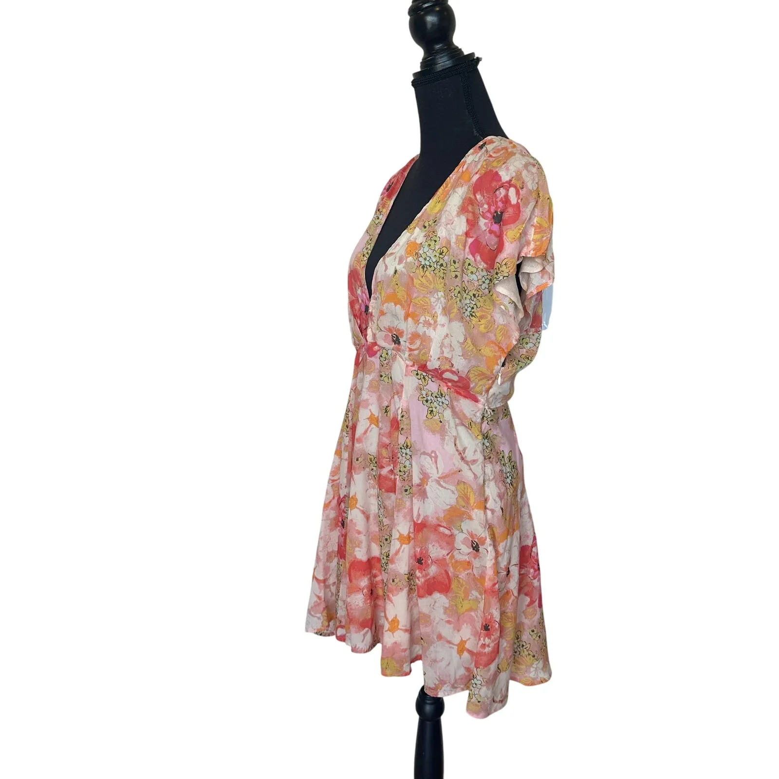 Free People Pink Floral Fit Flare Mini Dress MEDIUM Plunging Romantic Vacation - Image 5