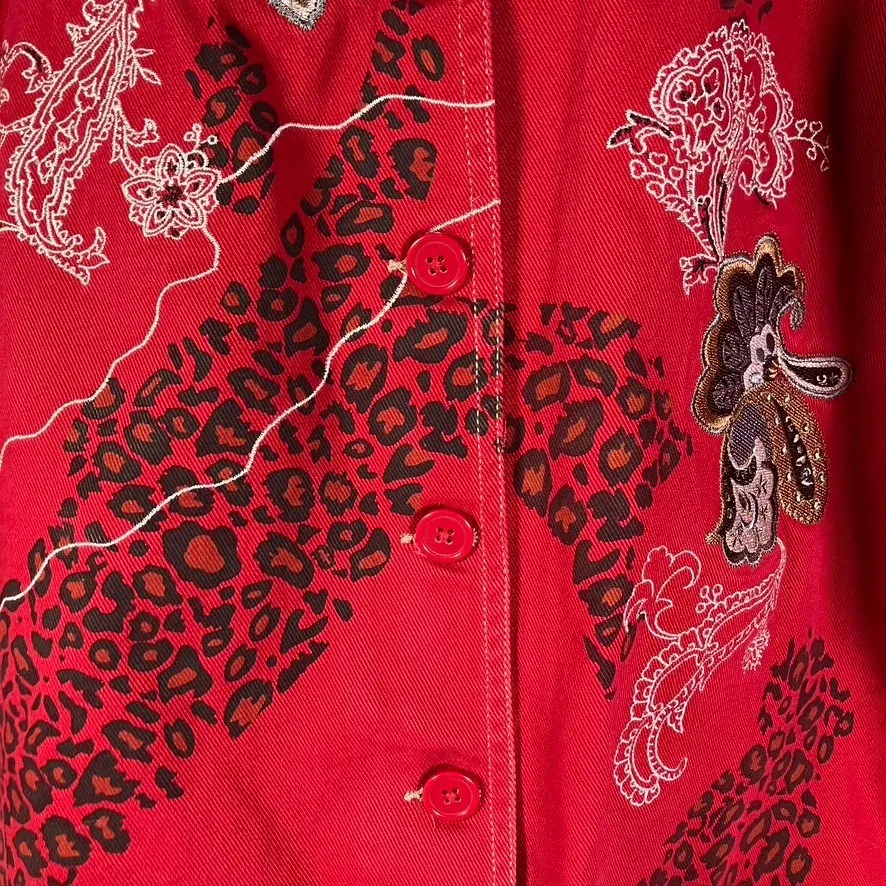 Denim&Co Red Leopard‎ Print Embroidered Button Up Jacket Womens Large - Image 9