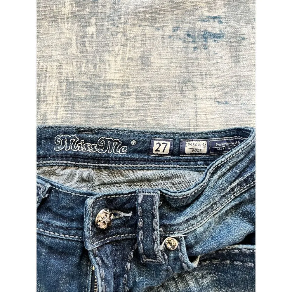 Miss Me Distressed Back Button Flap Boot Cut Jeans 27" - Image 3