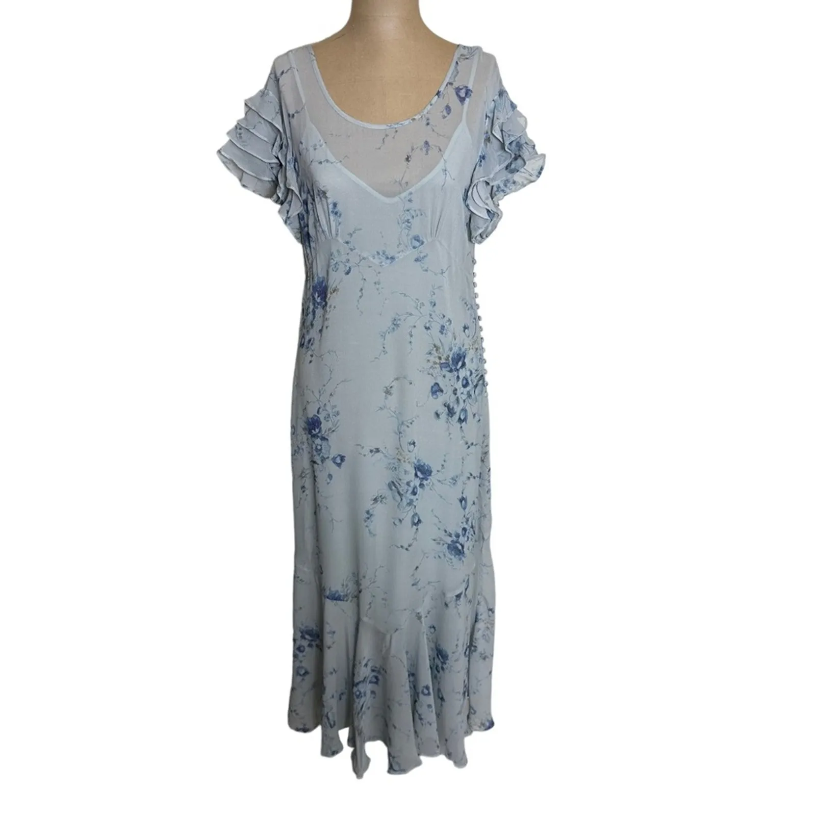 LoveShackFancy Maxi Dress Blue Silk Floral Short Ruffle Sleeve New - Image 6