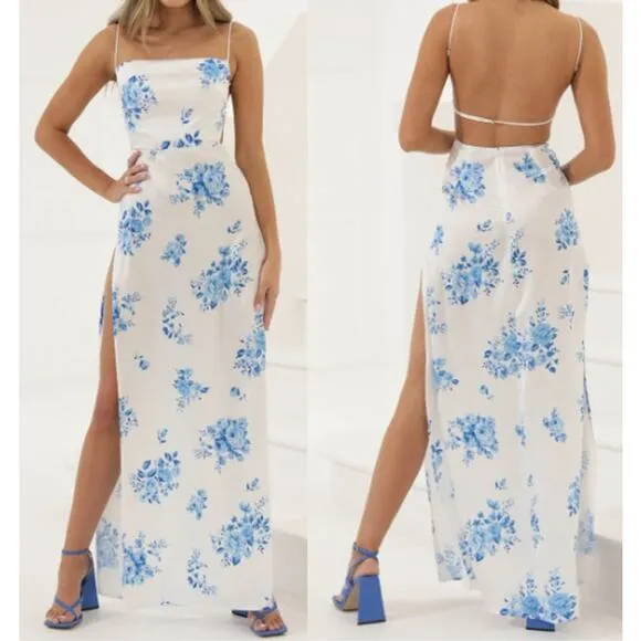 Lucy in the Sky Floral Print Open Back Satin Maxi Dress White Blue XS - Image 2