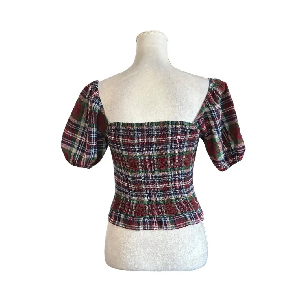 American EagleTop Plaid Crop Smocked Puff Sleeve Cottage Western Milkmaid Sz XS - Image 10