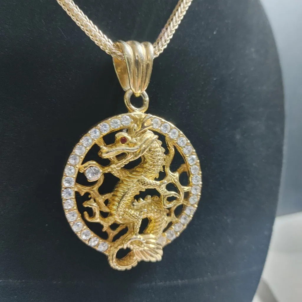 Gold Chinese Dragon Year Pendant Necklace Gold Tone Rhinestones 22 inch Chain - Image 14