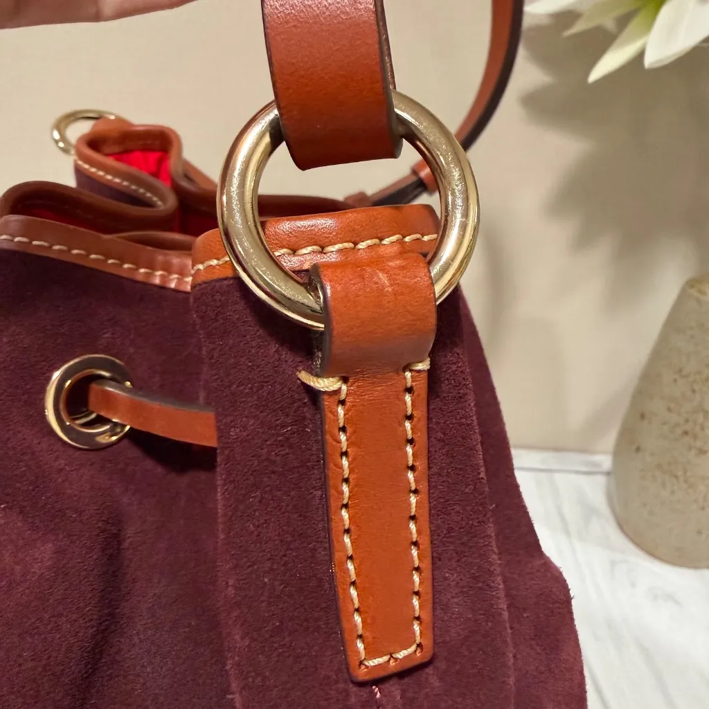 Dooney & Bourke Burgundy Suede Leather Drawstring Bucket Shoulder Bag - Image 5