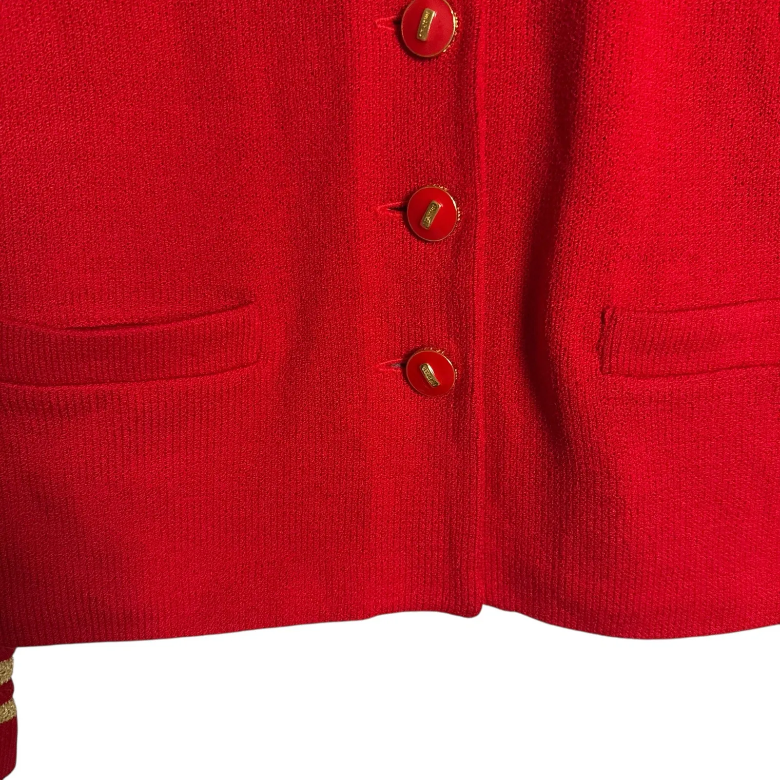 St. John Collection Red Knit Gold Stripe Trim Notch Collar Button Front Jacket 2 - Image 4