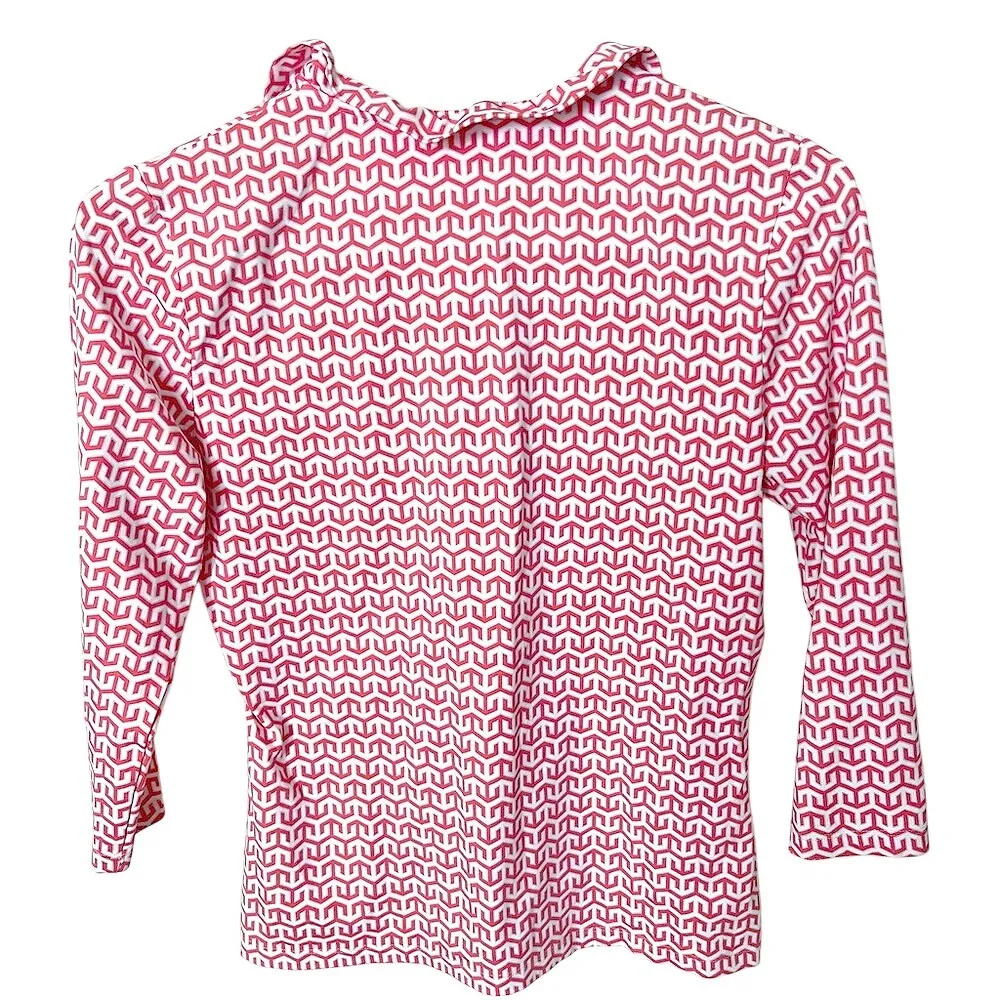 J. McLaughlin Durham Ruffle Top Red/White‎ Geometric Print Small EUC - Image 4