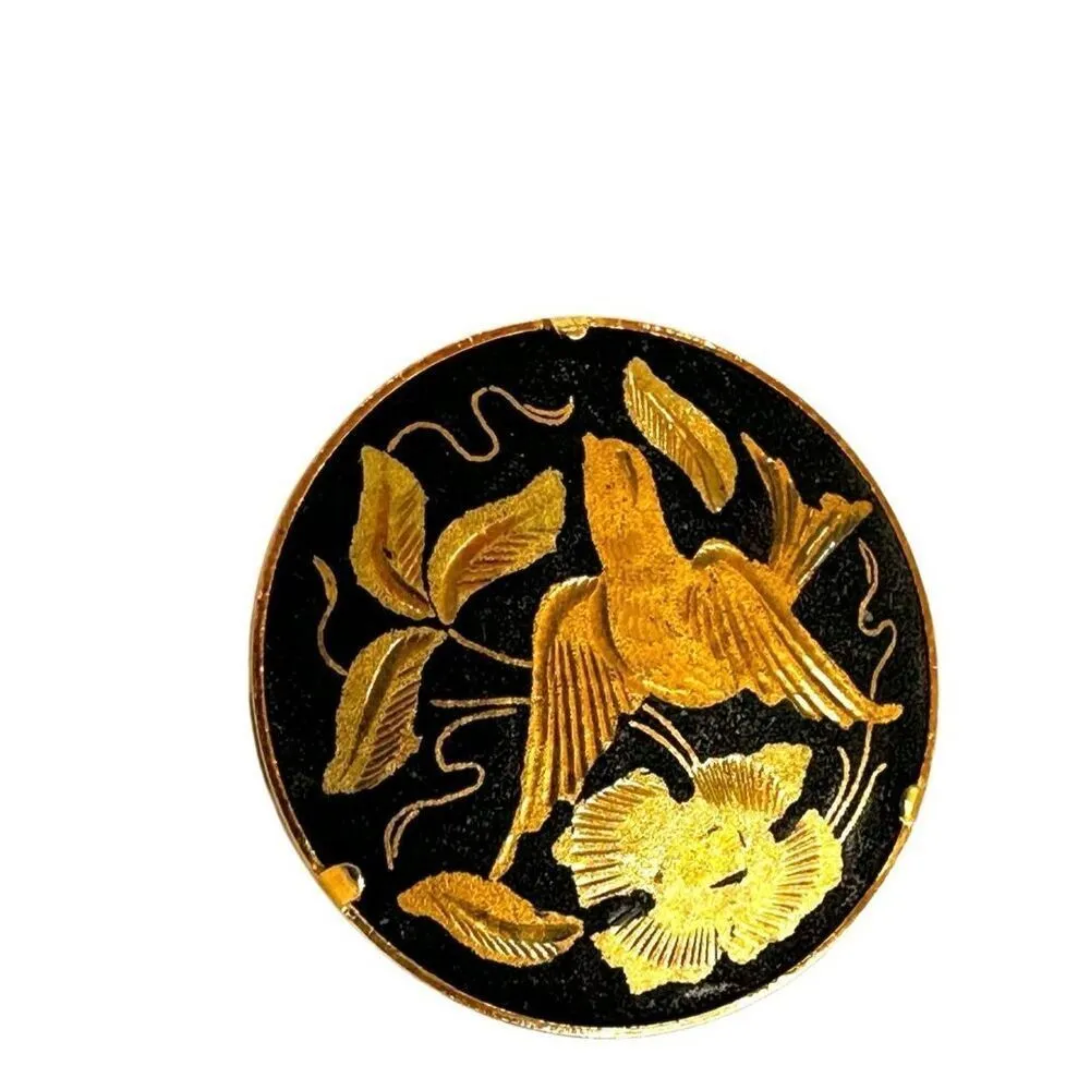 VINTAGE DAMASCENE BIRD FLOWERS GOLD TONE BLACK ROUND BROOCH PIN - Image 6