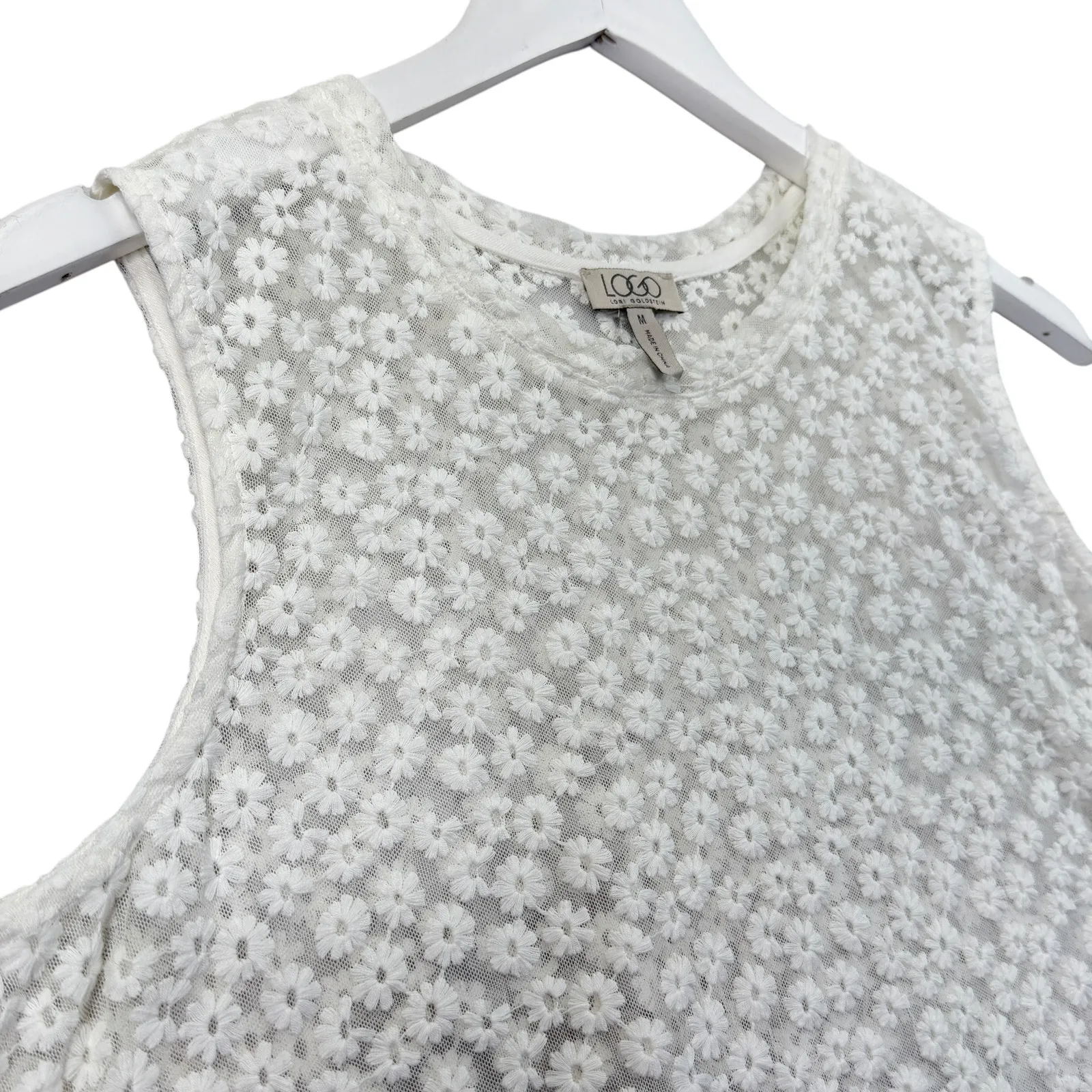 LOGO by Lori Goldstein Sleeveless Lace Peplum Tank Top White Daisy Floral Size M - Image 5
