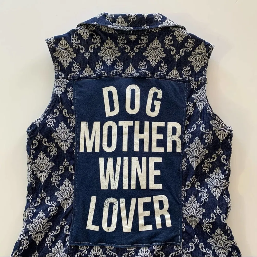 Via Penny Lane Reworked Apparel | Dog Mother Wine Lover Brocade Denim Vest M Size M - Image 3