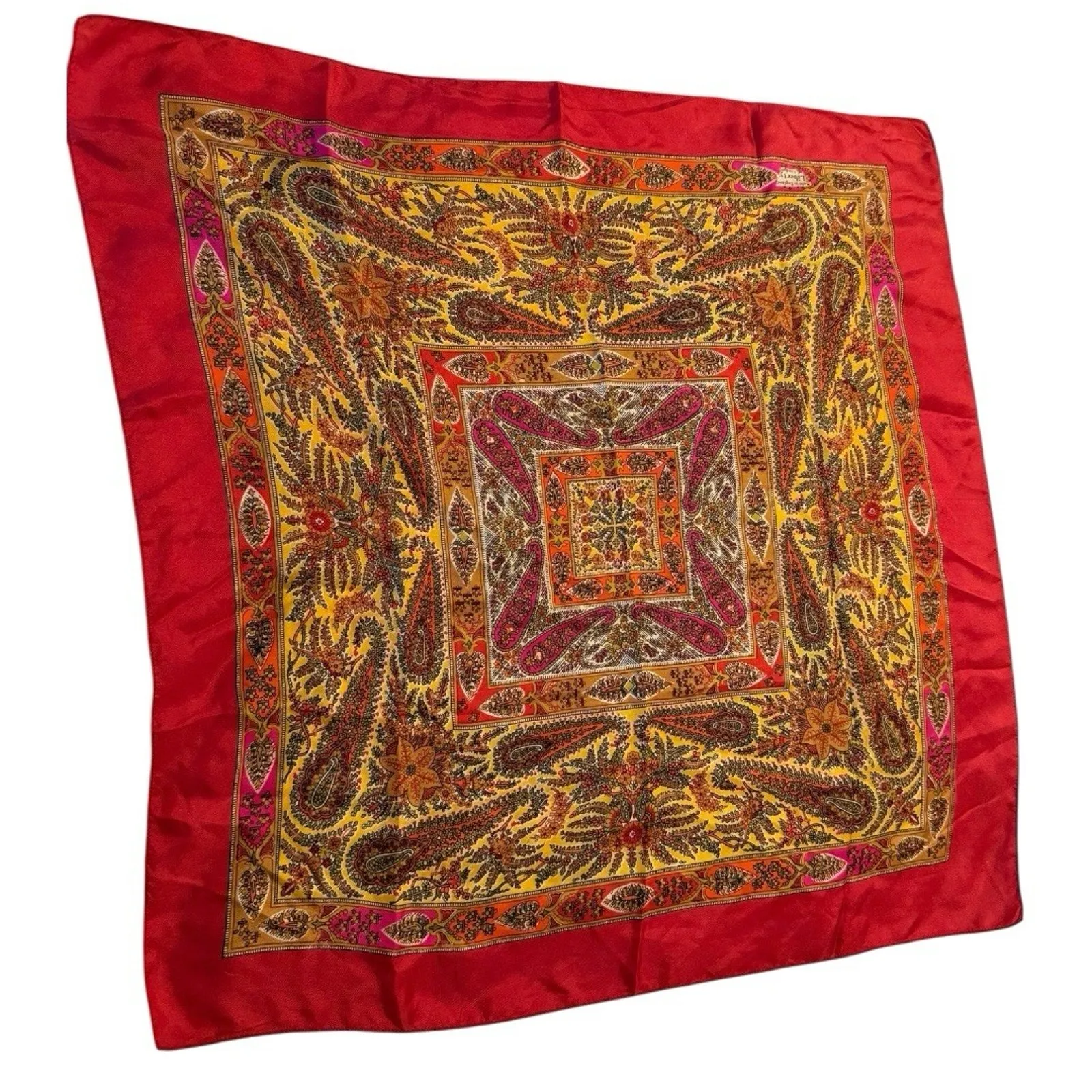 LIBERTY OF LONDON Scarf Geometric Paisley Silk Square Vintage Red Pink Gold - Image 5