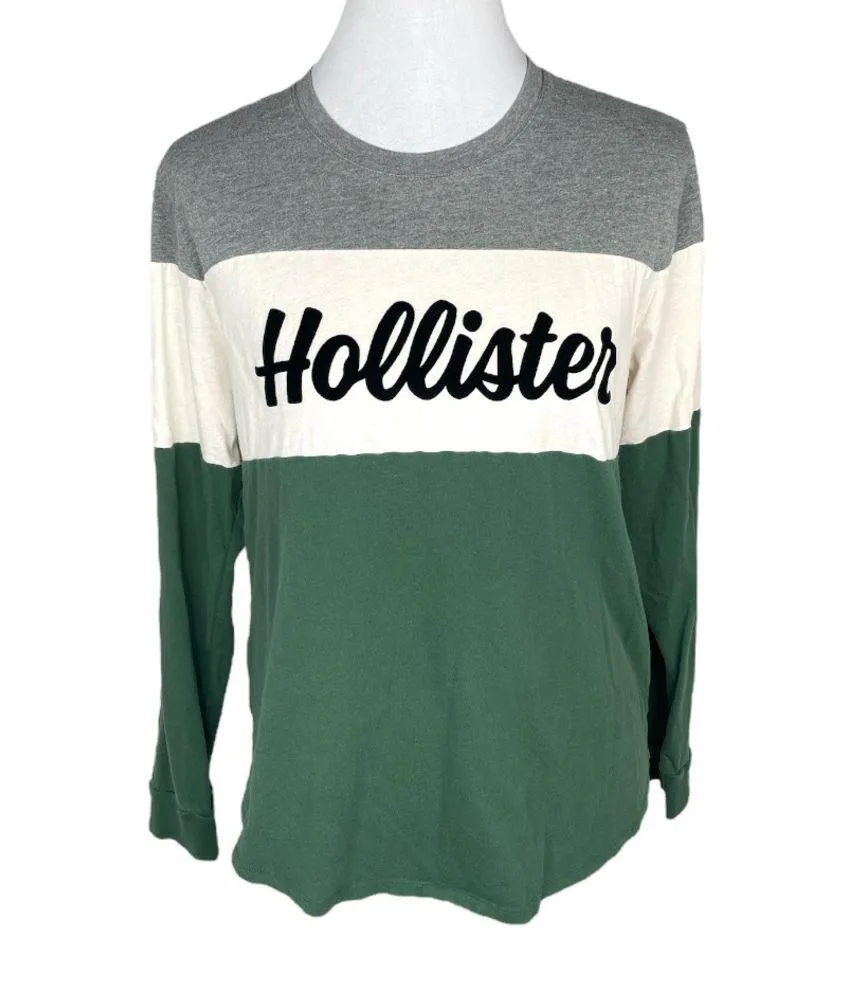 Hollister Strip Long Sleeve Crew Neck Shirt Gray Green Cream Size Small - Image 7