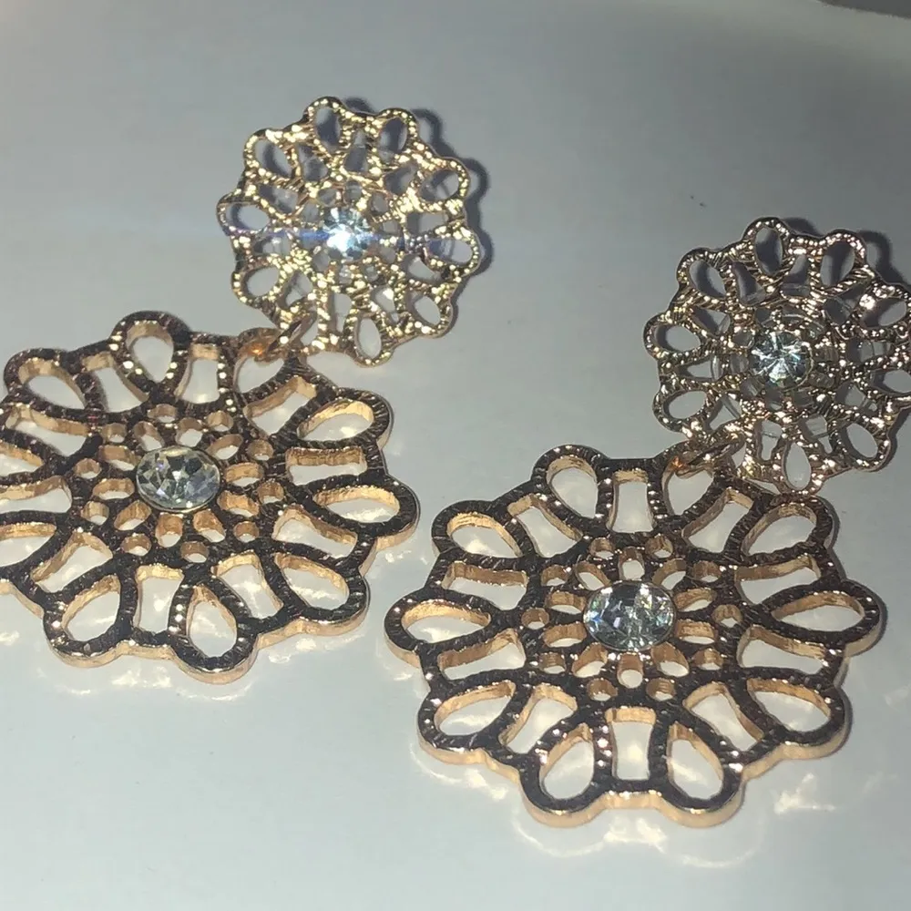 Gold Tone CZ Rhinestone Cutout Boho Statement Pierced Earrings - Image 3