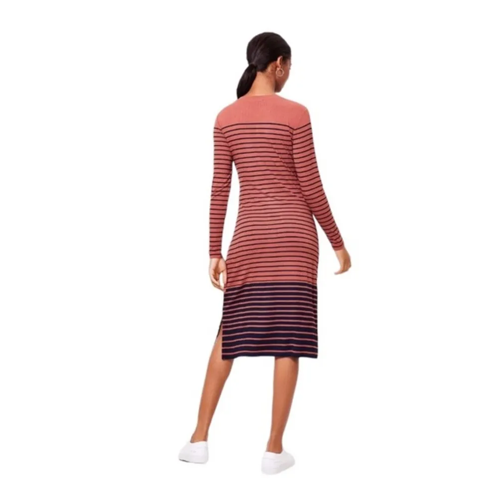 NWT LOFT Striped Long Sleeve Henley Midi Dress in Copper Red/Navy - Image 52