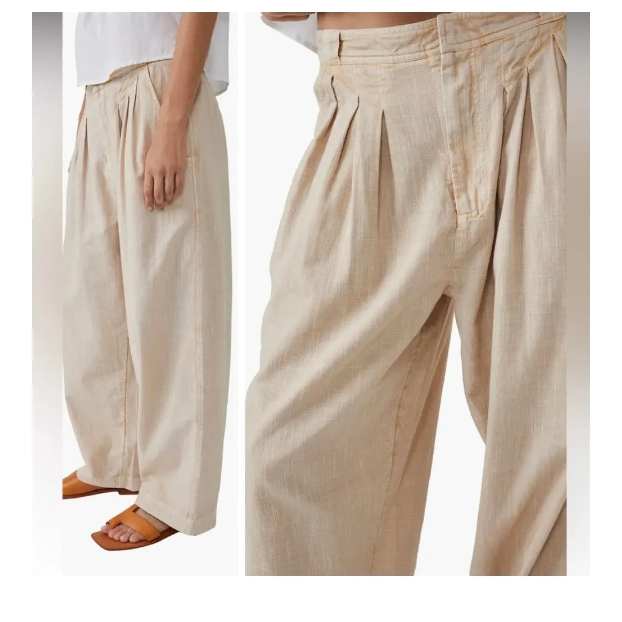 Free People Lotta Love Linen Trousers Size 10 Cream Cotton Oversized Lagenlook - Image 8