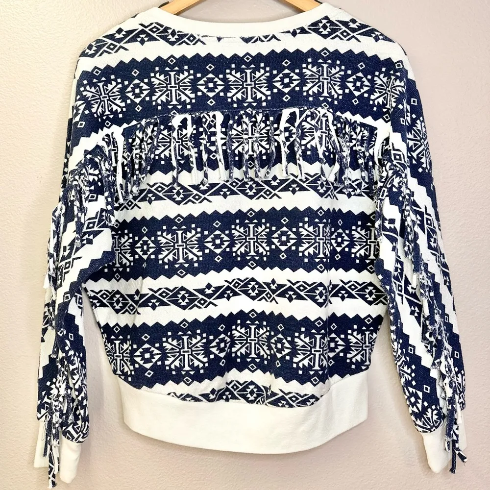 Cotton Citizen Nordic Print V Neck Fringe Detail Pullover Navy Blue - Image 2