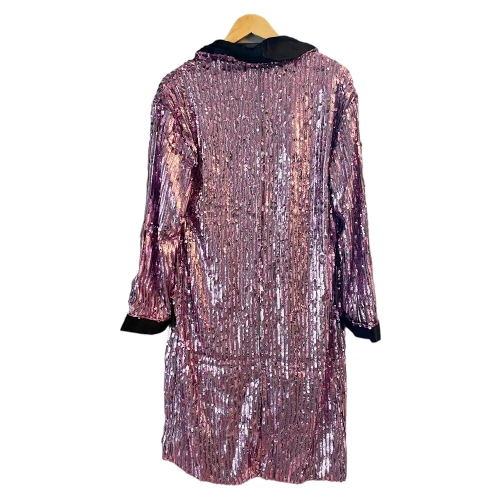 FREE PEOPLE Ella Duster Sequin Purple Combo Black Trim Jacket XS/S Oversized NWT - Image 11