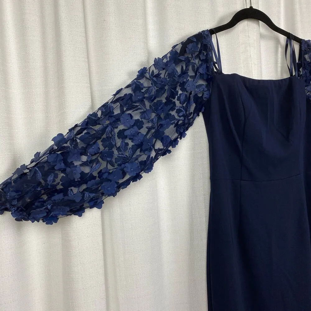 Eliza J Navy Blue Off The Shoulder 3D Fleur Appliqué Scuba Crepe Gown Sz.6 NWT - Image 10